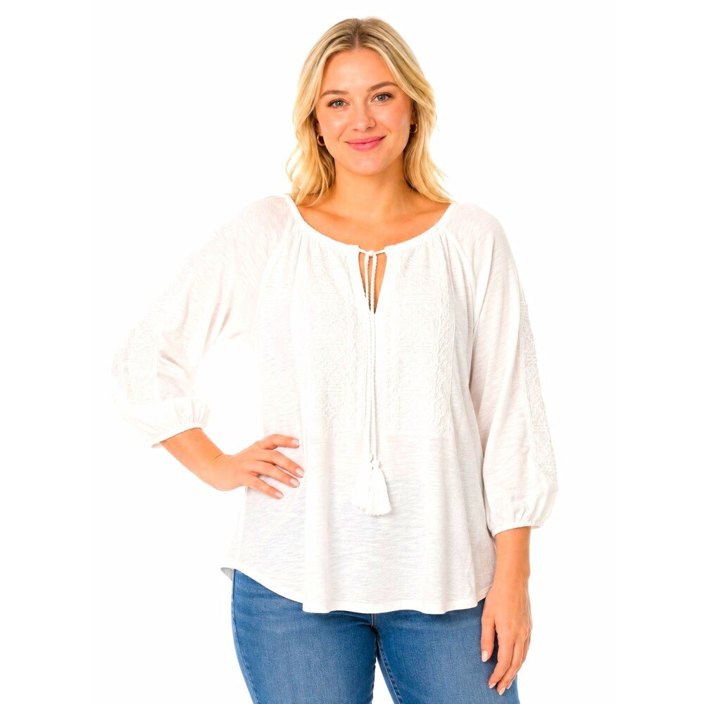Lucky Brand Womens Blouse 1X Plus White Embroidered Tassel Tie 3/4 Sleeve